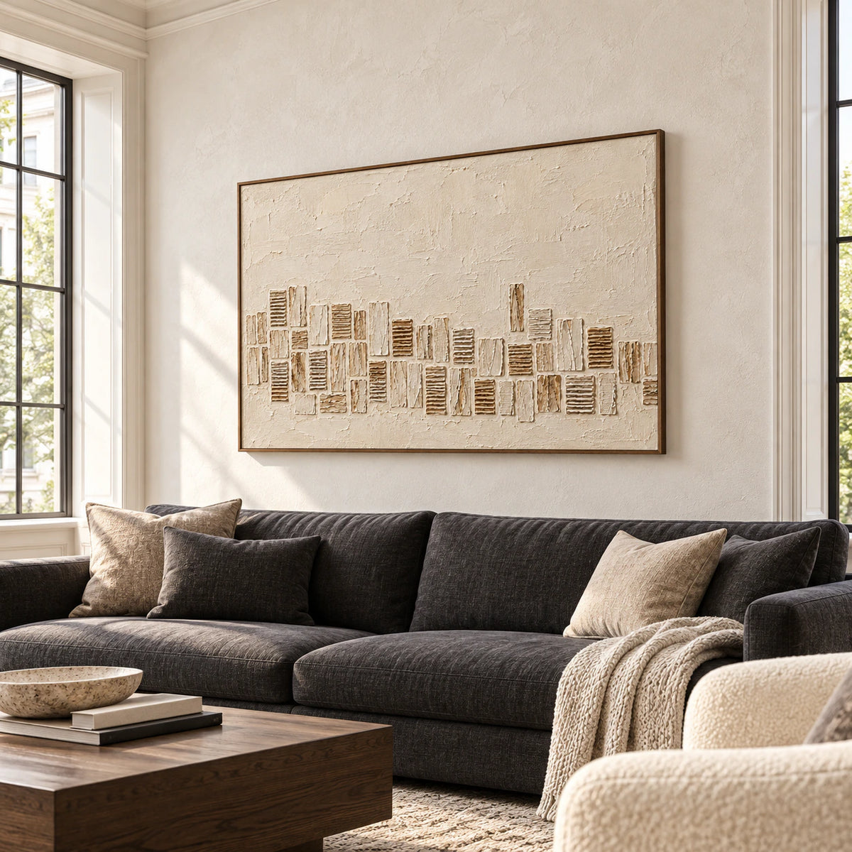 Large ivory and umber abstract painting above a charcoal sofa in a bright living room.