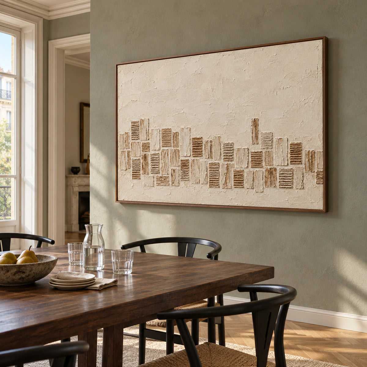 Textured ivory and umber abstract painting anchoring a refined dining room with a dark wood table.