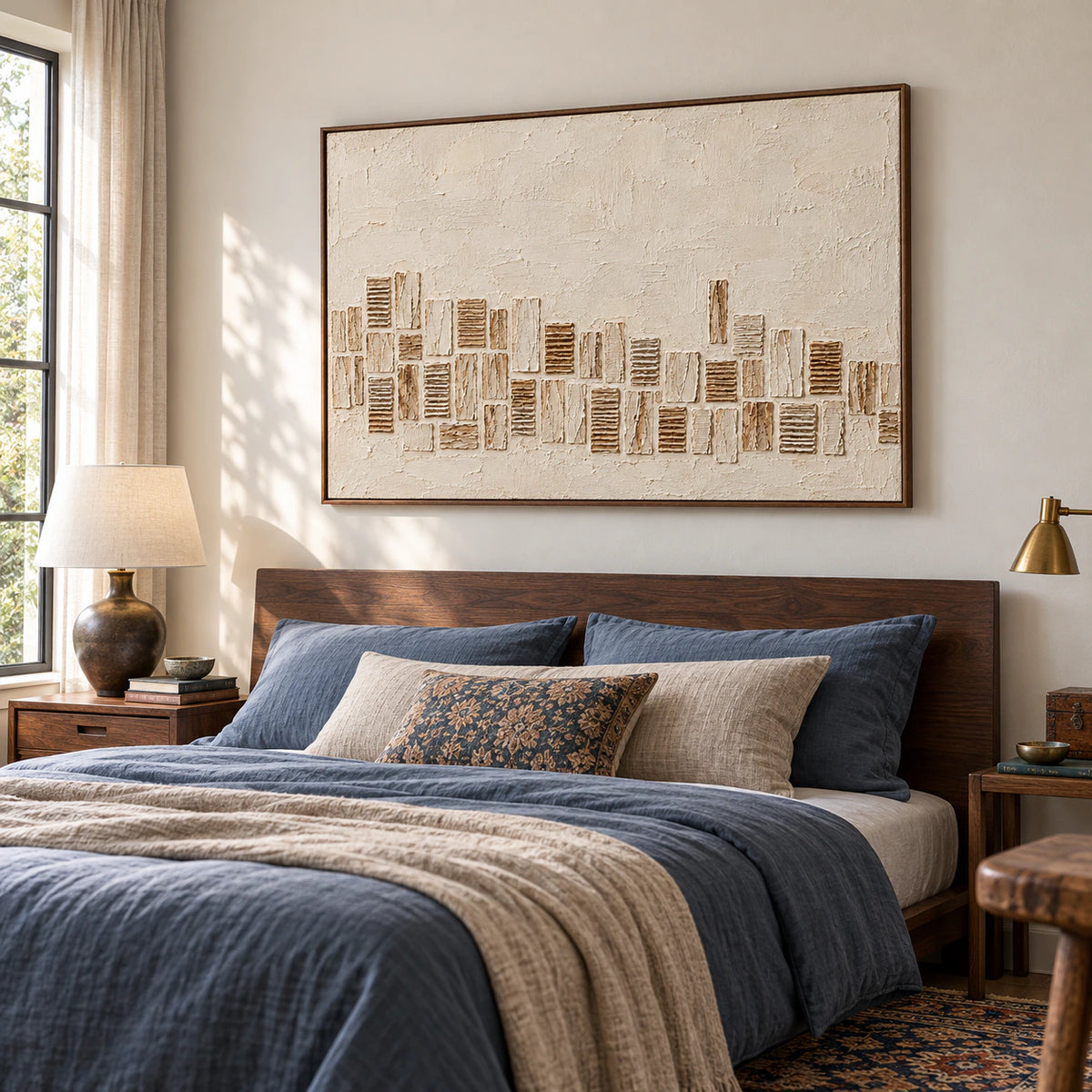 Horizontal relief artwork above a low bed in a quiet, softly lit bedroom.