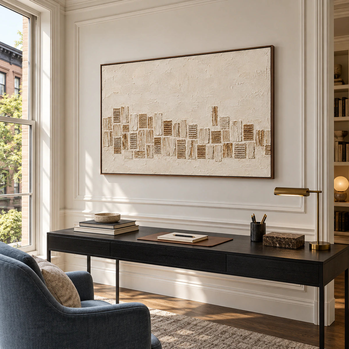 Ivory and umber textured abstract art displayed above a desk in an airy home office.