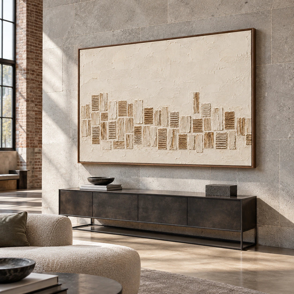 Large architectural relief painting displayed in a bright, gallery-scale foyer.
