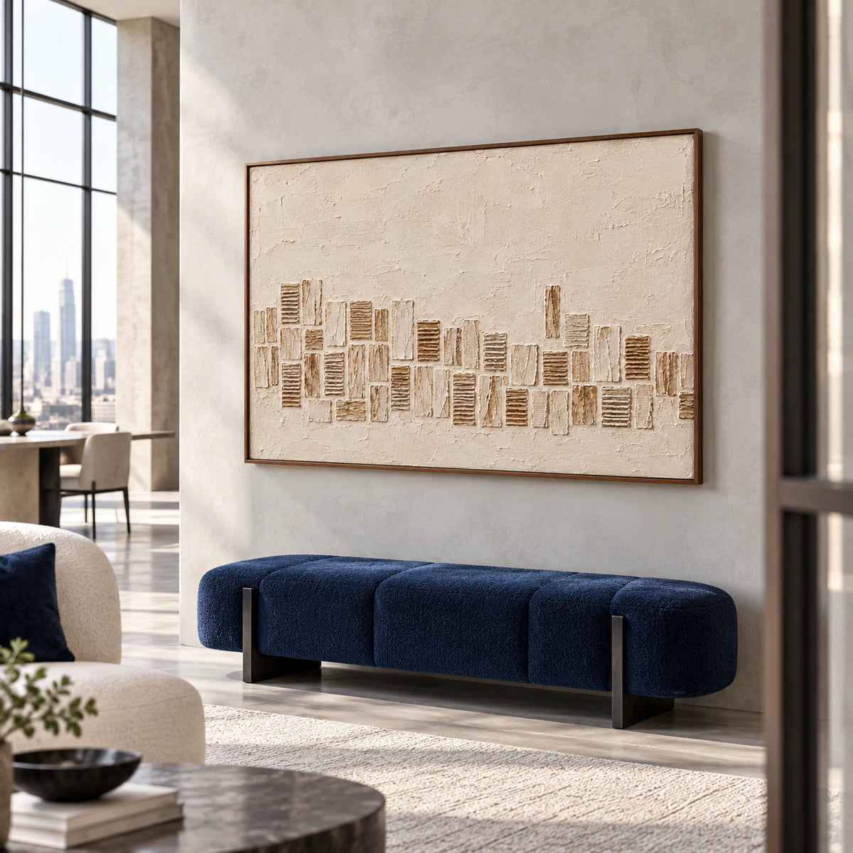 Oversized textured abstract artwork commanding a sunlit loft hospitality interior.