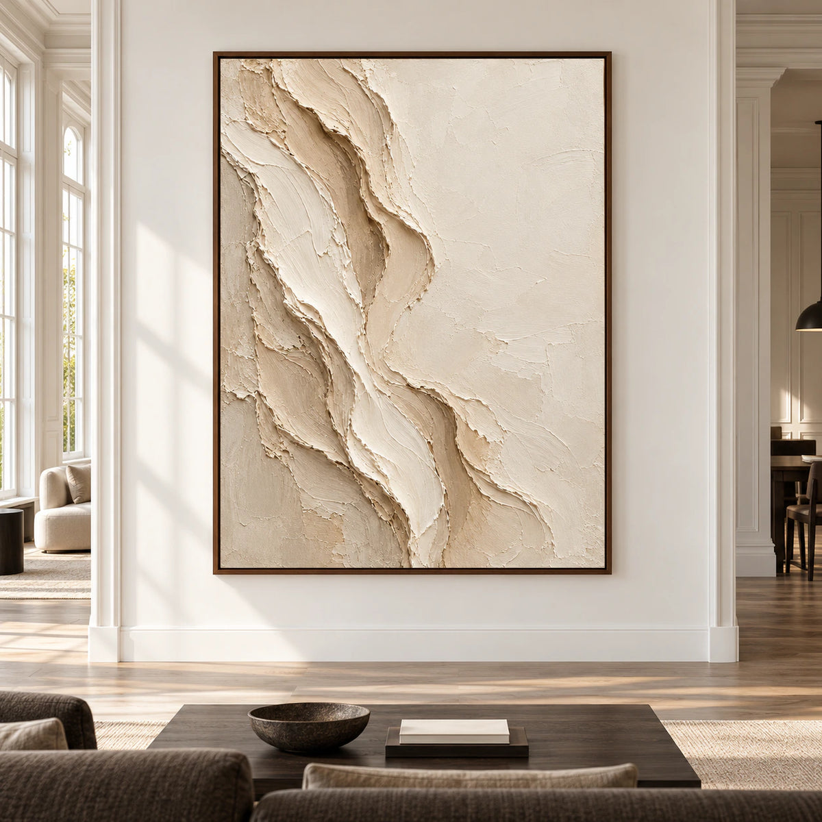 Large Porous-Veil vertical wall art centered in a spacious architectural room, showing its ivory sculptural sweep and warm sand relief.