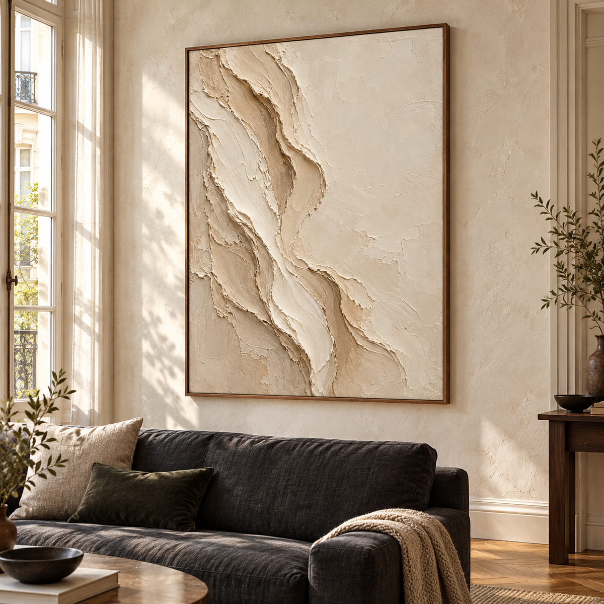 Porous-Veil hangs above a low charcoal sofa in a bright living room, its vertical relief prominent against a pale stone wall.