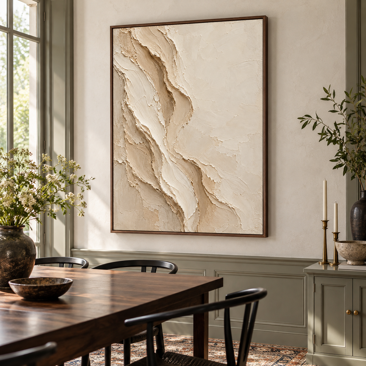 Porous-Veil anchors a refined dining room with a dark wood table and restrained furnishings in soft daylight.