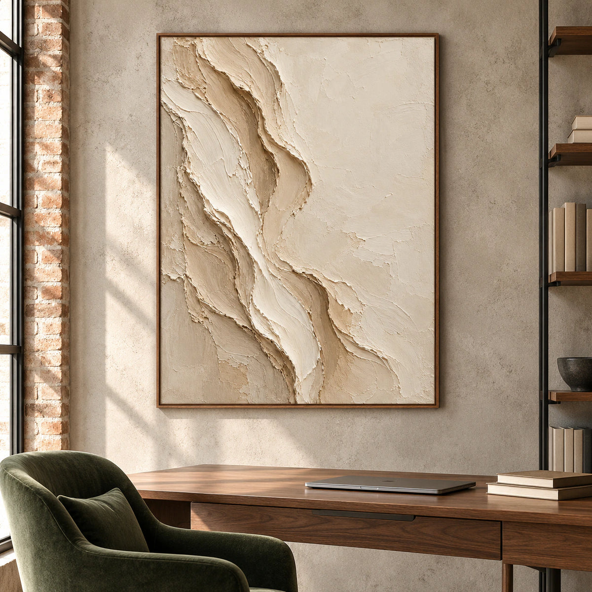 Porous-Veil displayed prominently in an airy home office with a simple walnut desk and soft daylight.