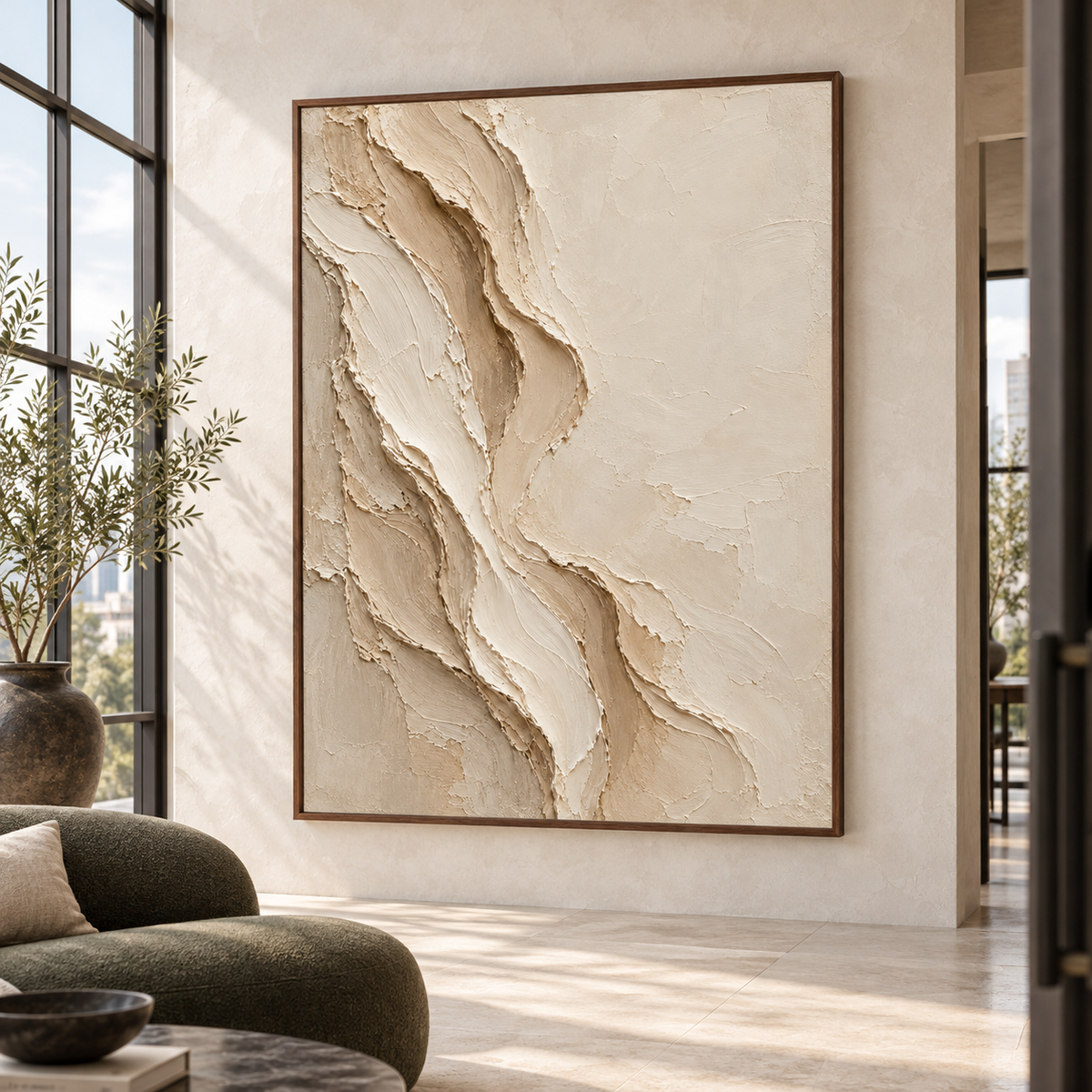 Porous-Veil fills the central wall of a bright gallery-scale foyer with pale stone flooring and minimal furnishings.