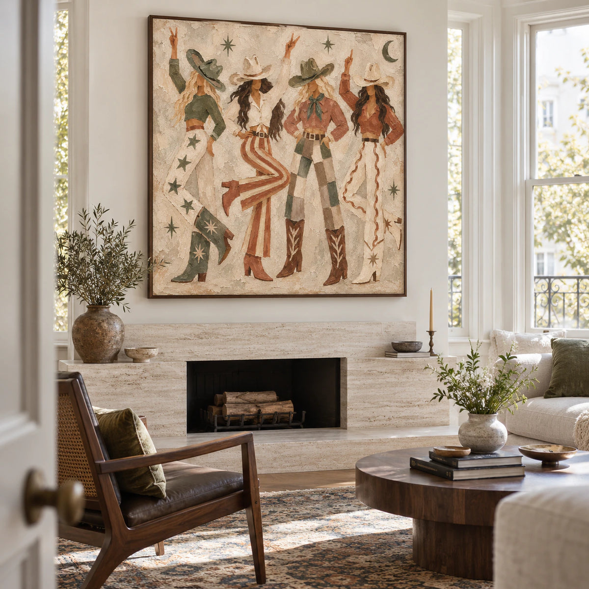 Prairie-Ritual above a restrained sofa in a bright contemporary living room.