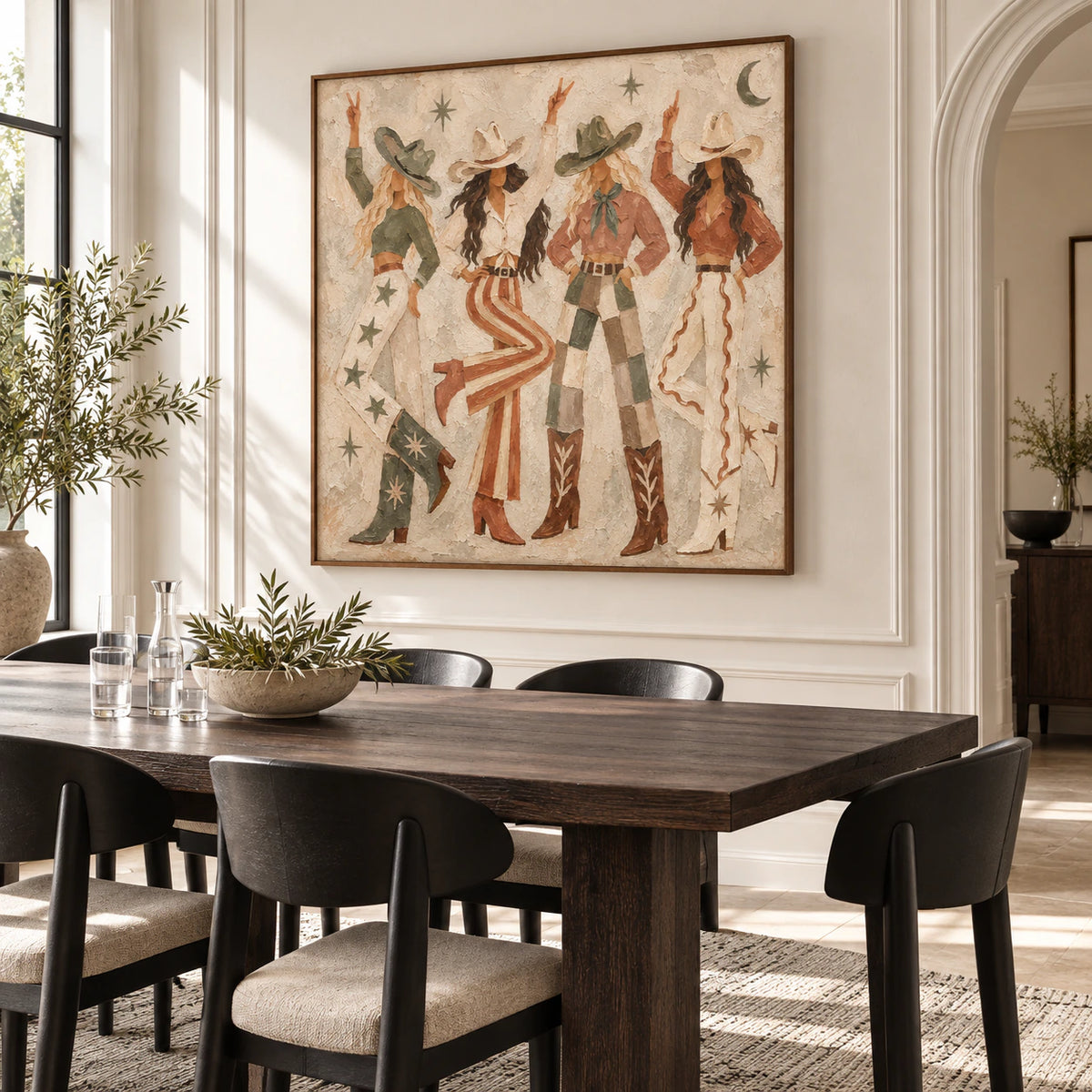 Prairie-Ritual as the focal artwork in a refined daylight dining room.