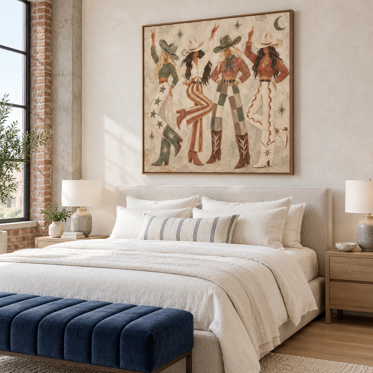 Prairie-Ritual above a low bed in a quiet, softly lit bedroom.