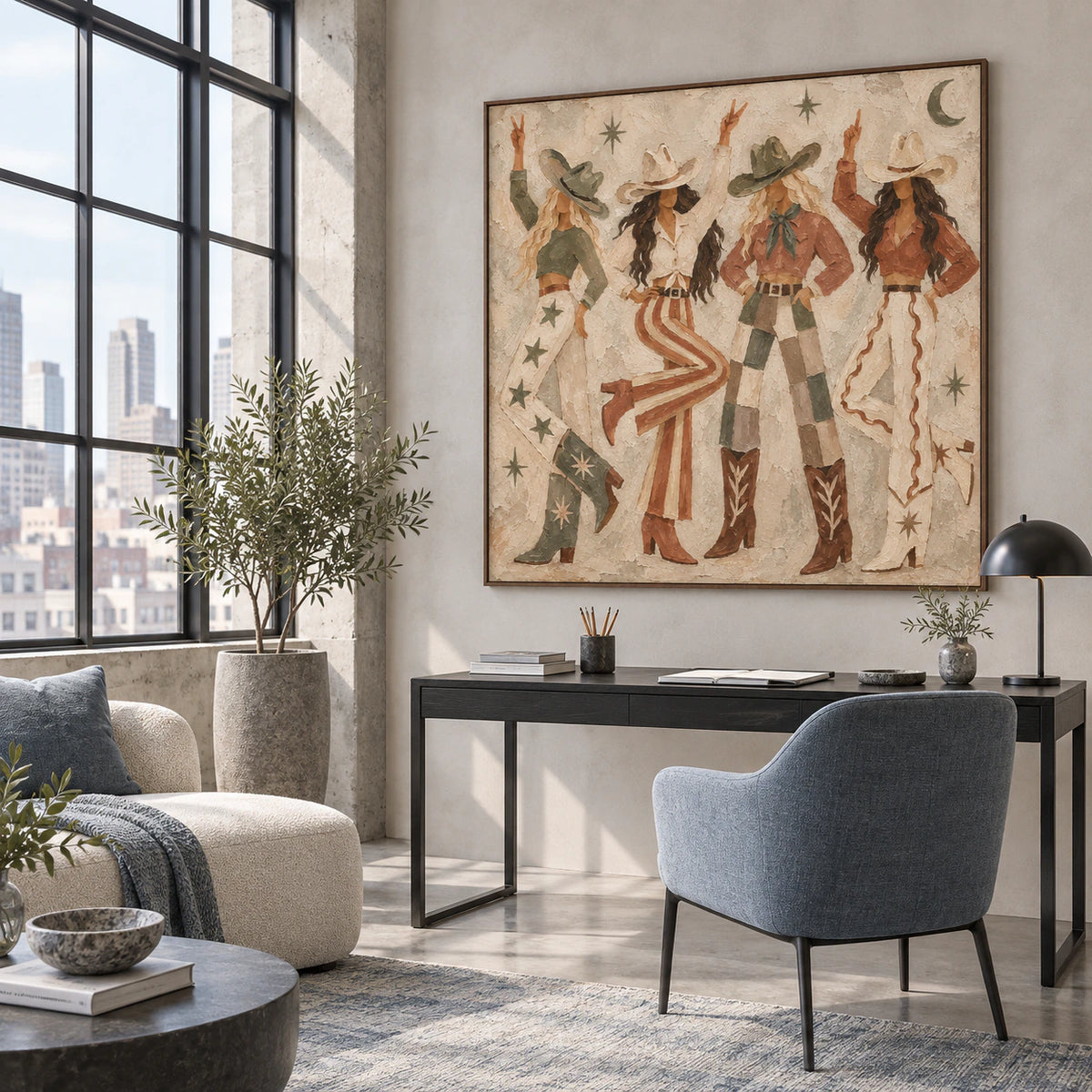 Prairie-Ritual anchoring an airy reading and home-office space.