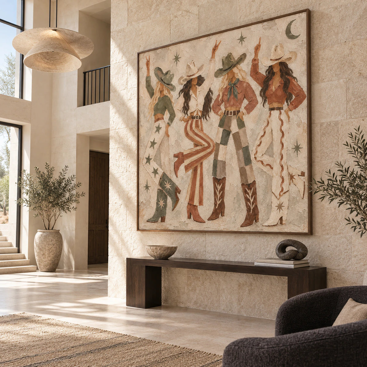 Prairie-Ritual at gallery scale in a bright architectural foyer.