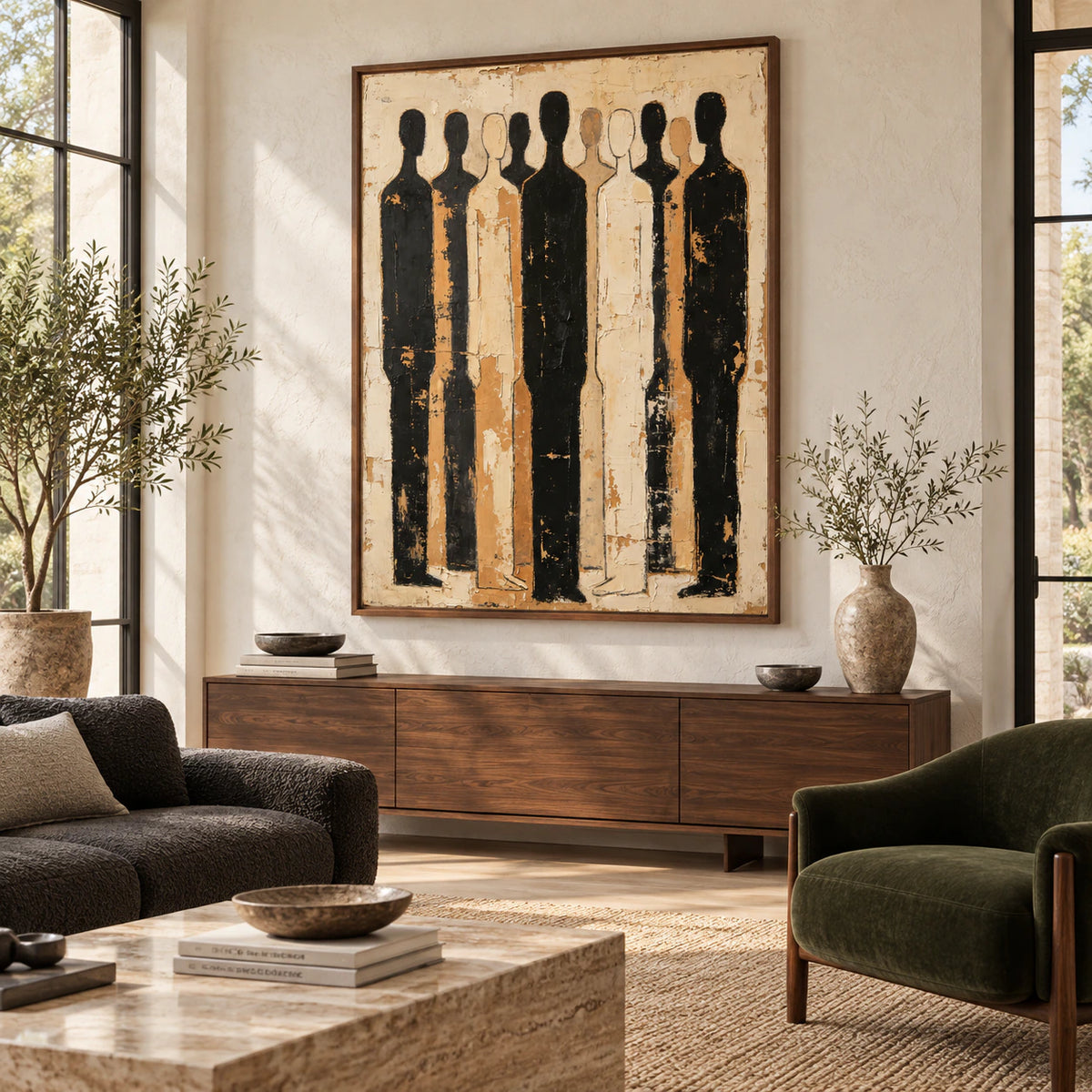 Procession-Umber as the focal artwork in a bright contemporary living room.