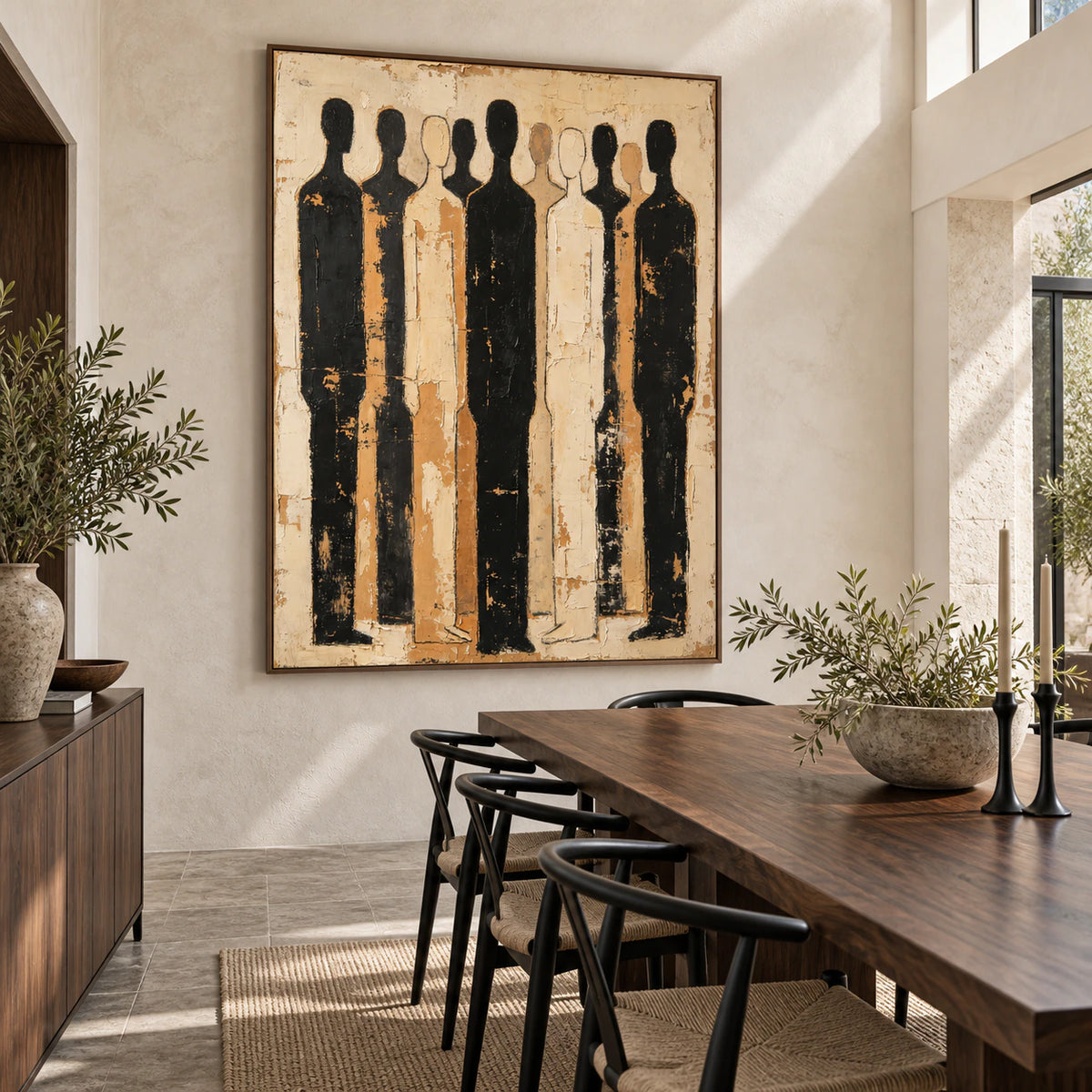 Procession-Umber above a refined dining setting with daylight across the textured surface.