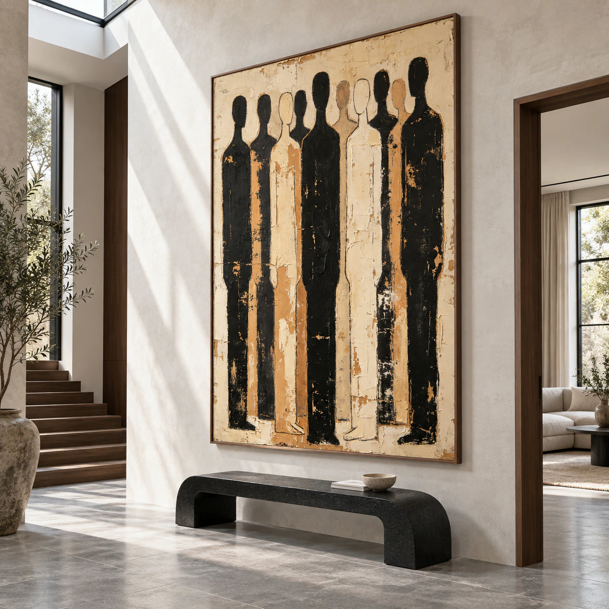 Procession-Umber at gallery scale in a bright sculptural foyer.