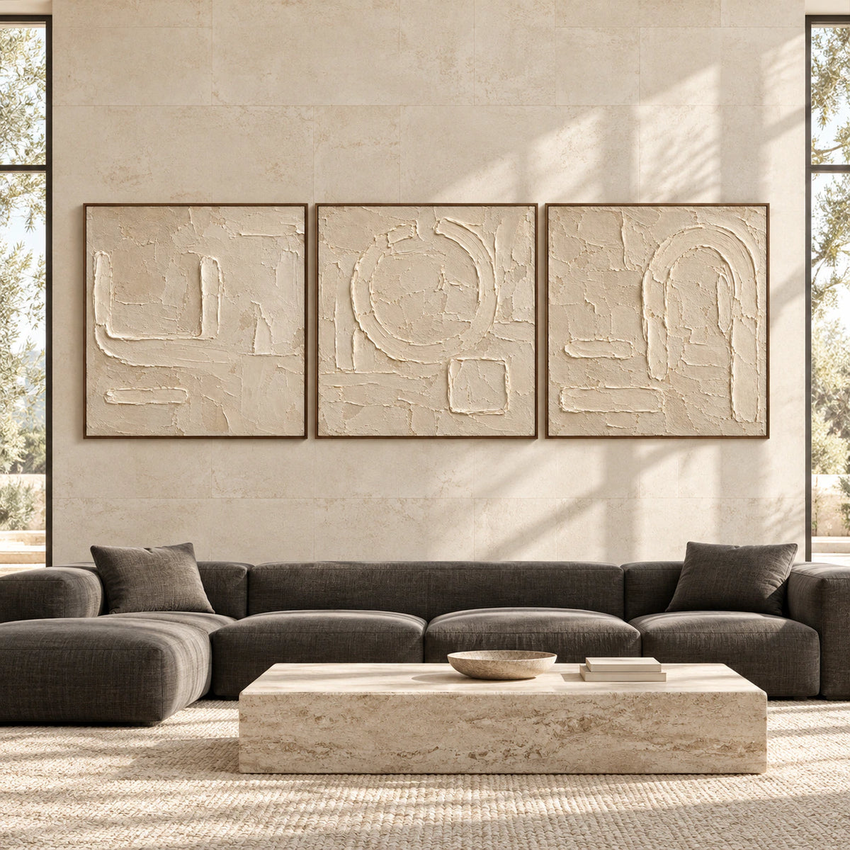 Large straight-on gallery view of the Pumice-Arcade ivory relief triptych in slim walnut frames.
