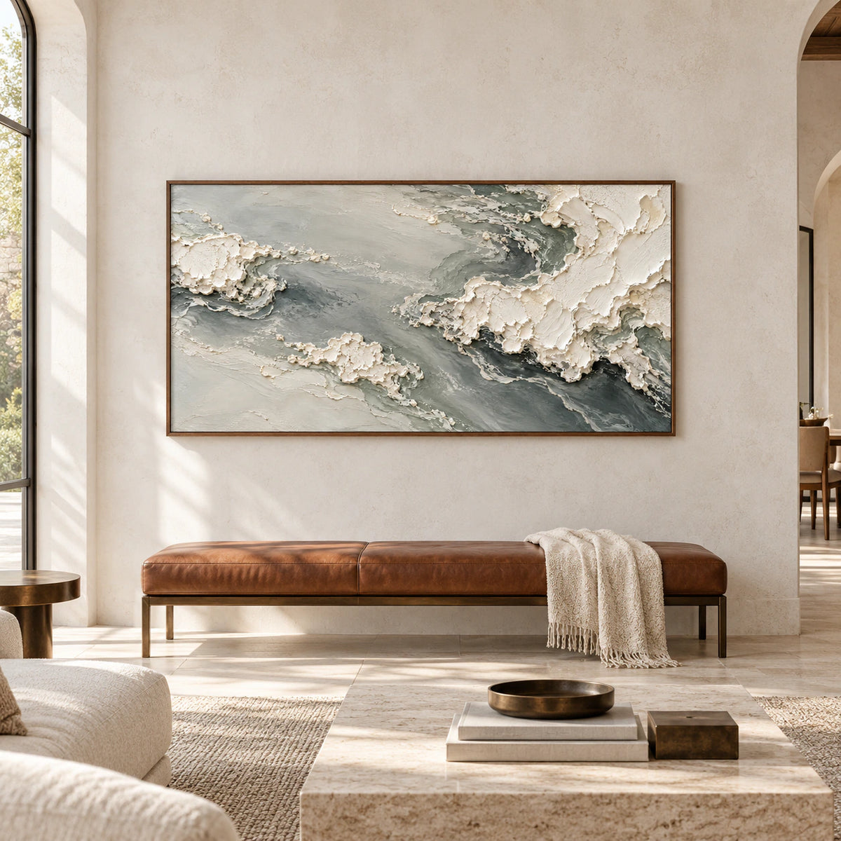 Pumice-Tide shown large and straight-on in a spacious, refined interior, with the complete horizontal painting visible in soft natural daylight.