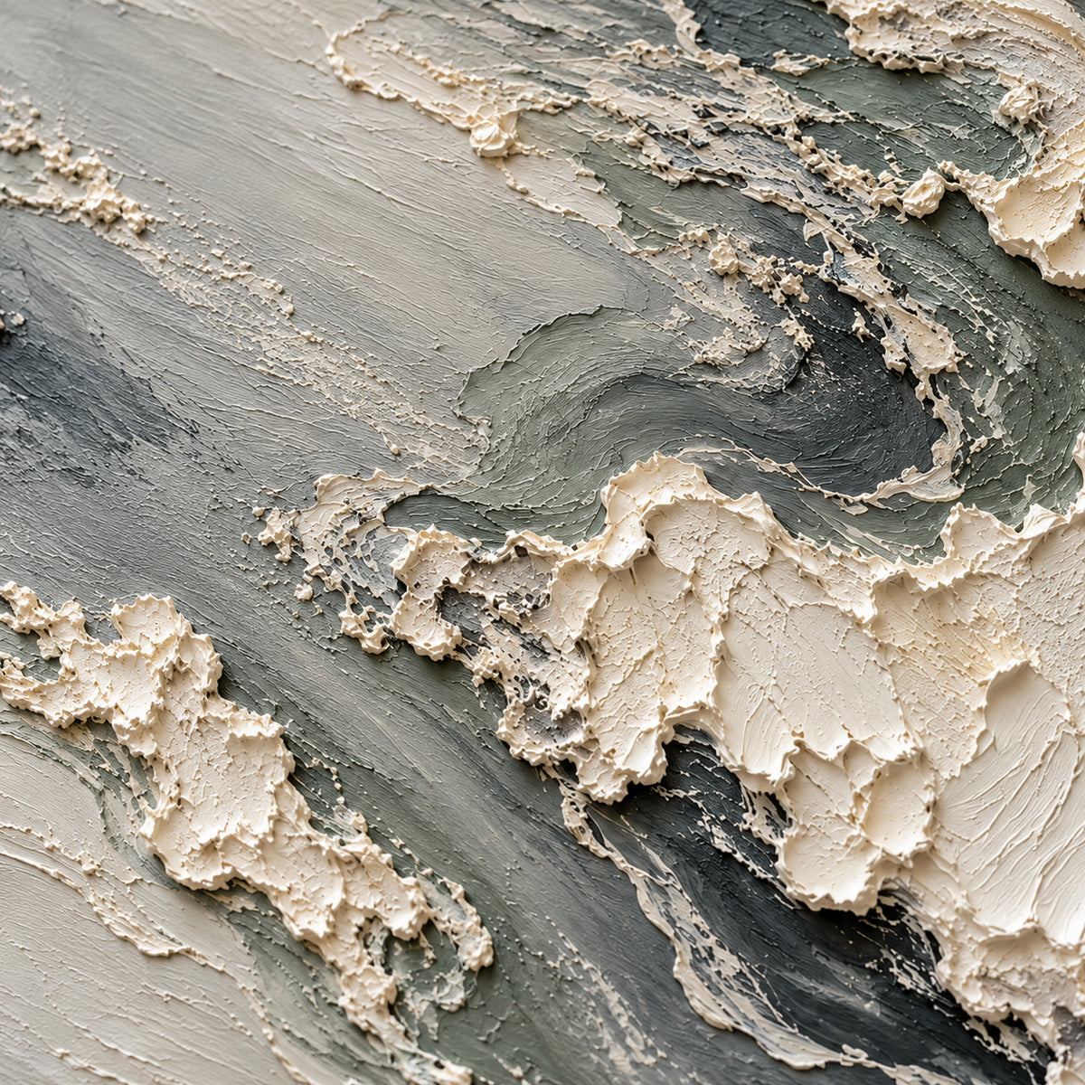 Close oblique detail of Pumice-Tide, showing ivory and grey-green strokes and raised impasto under grazing light, with no room or furniture visible.