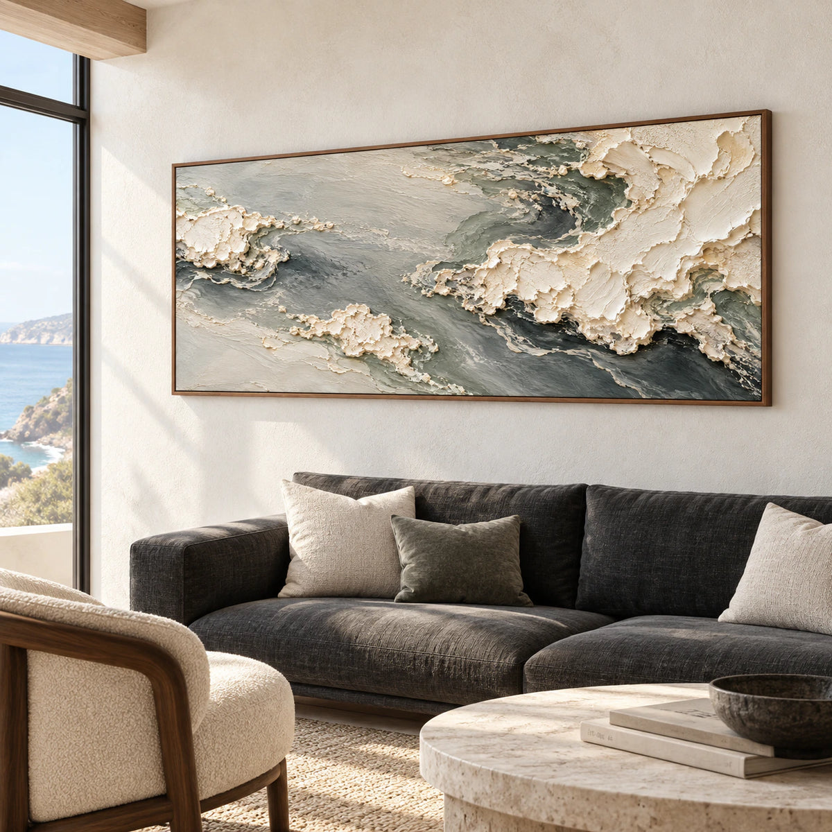 Pumice-Tide displayed large in a bright living room with pale limestone walls and a charcoal sofa, viewed obliquely from the left.