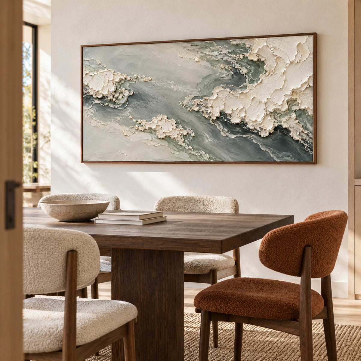 Pumice-Tide in a dining room with warm white plaster walls, a dark oak table and sculptural chairs, viewed obliquely from the right at seated eye level.
