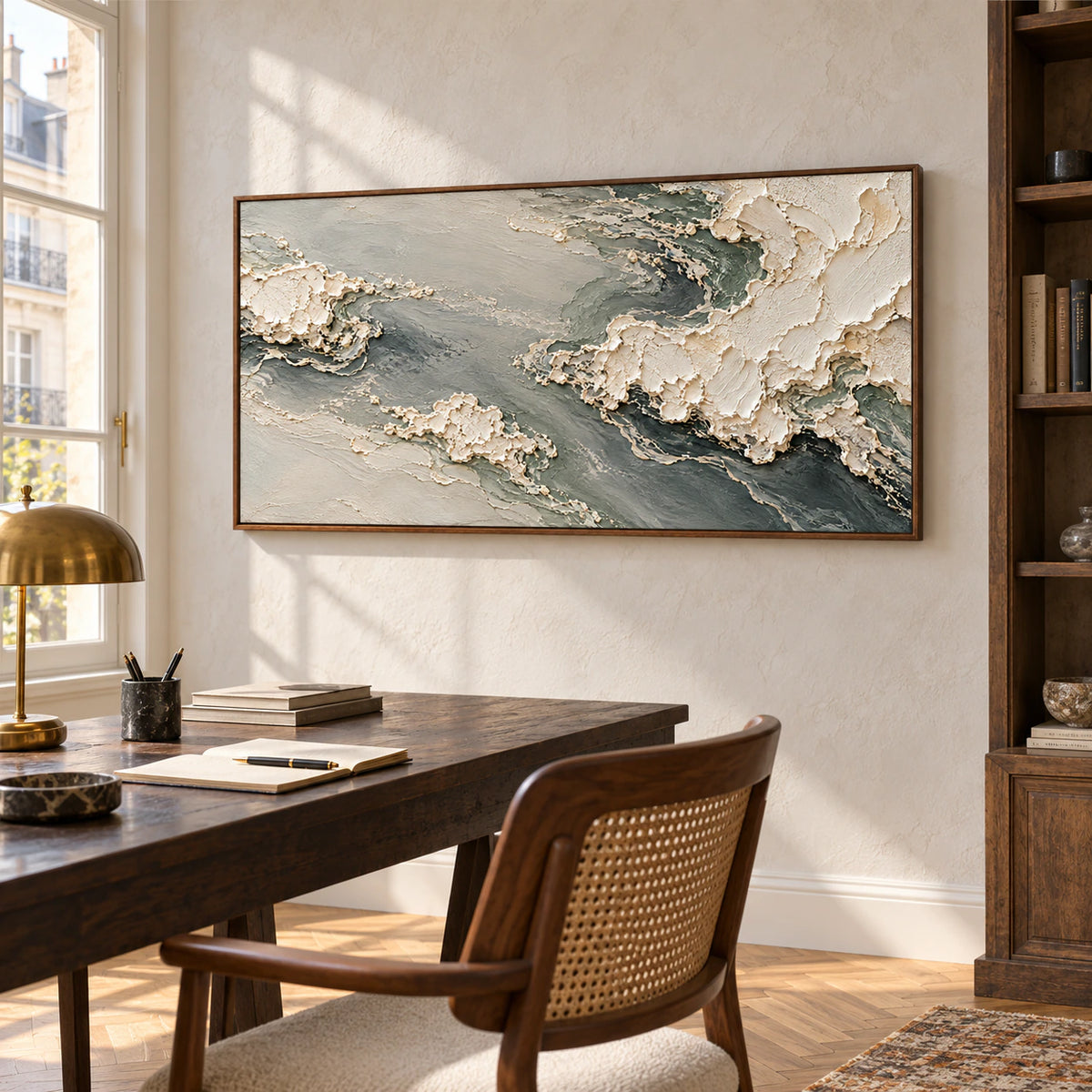 Pumice-Tide in an airy home office and reading space with a dark desk, open shelving and light walls, viewed obliquely from the right near desk height.