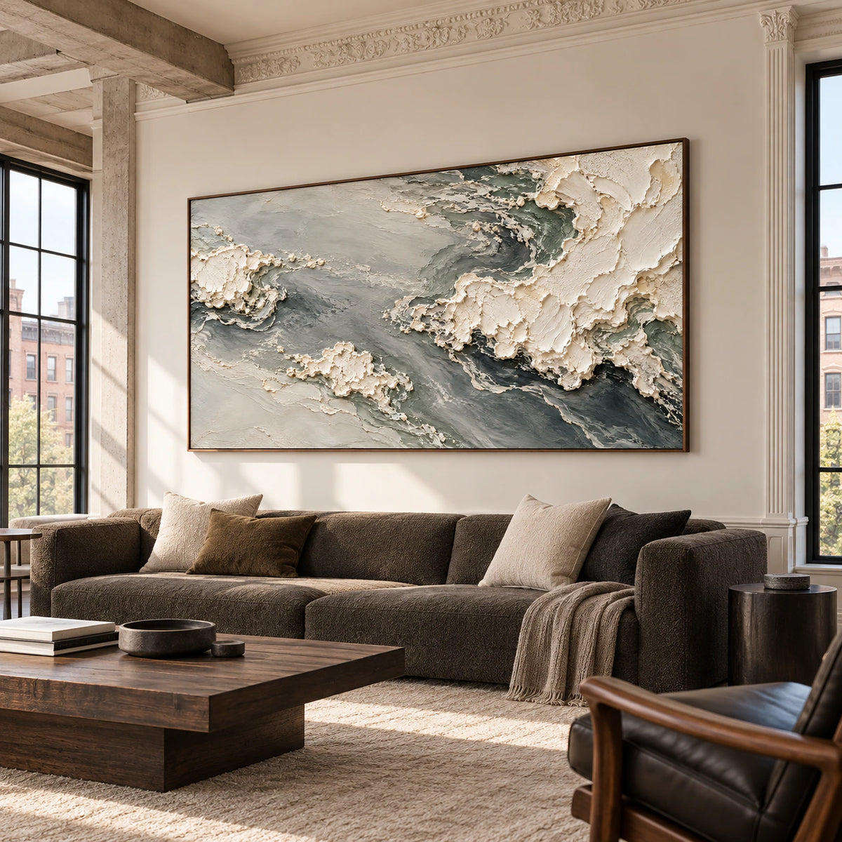 Pumice-Tide in an expansive loft interior with visible concrete beams, generous glazing and understated dark furniture, shown in a wide right oblique view.