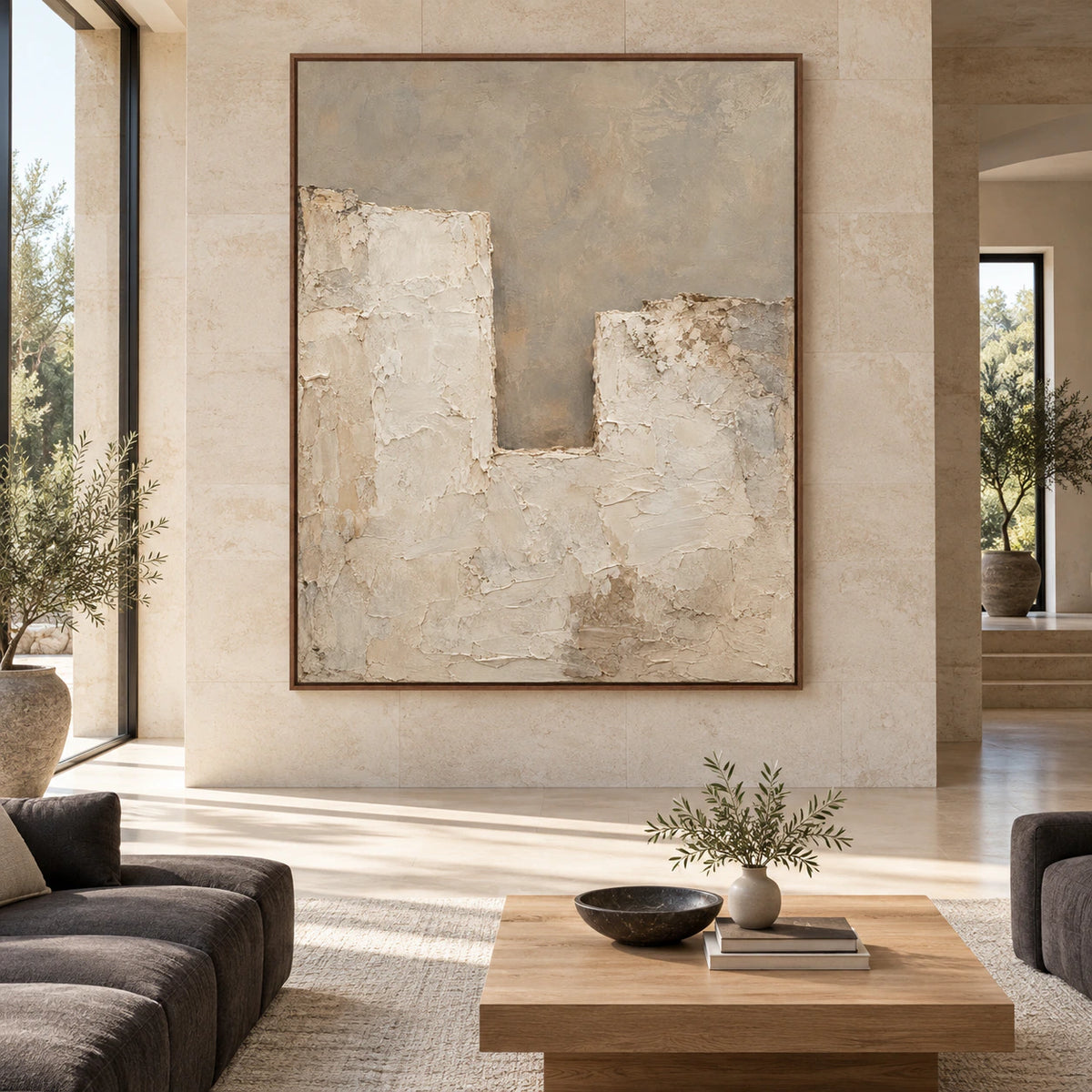 Large textured neutral abstract artwork displayed straight-on in a spacious architectural room.