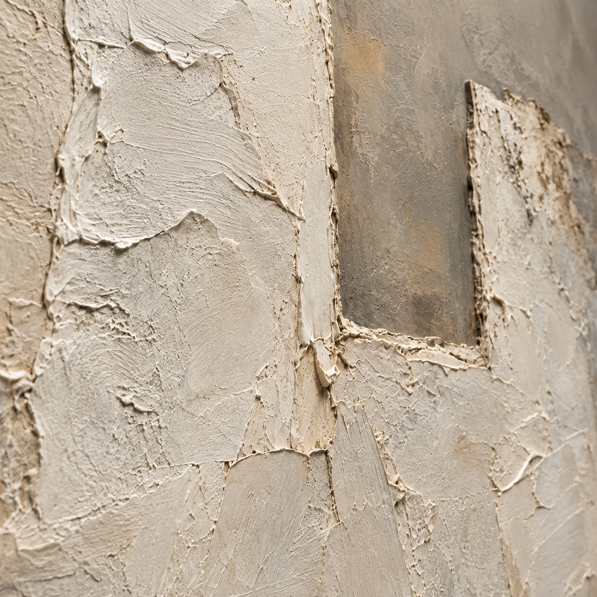 Quarry-Threshold oil painting brushwork and impasto detail photographed from an oblique side angle
