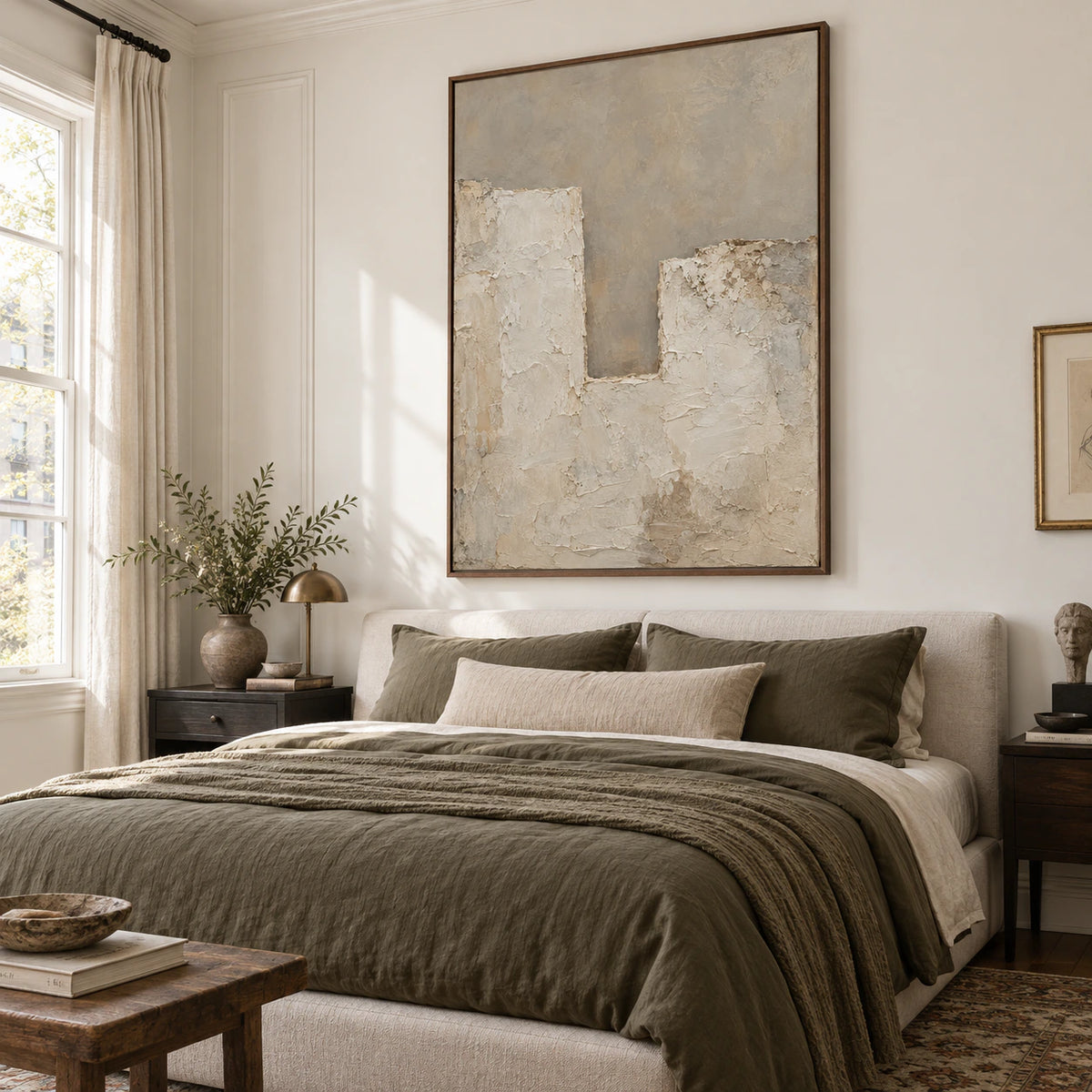 Quiet bedroom with a large pale textured abstract artwork as the focal point.