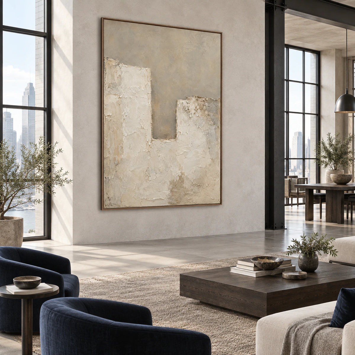 Large pale textured abstract artwork in an expansive daylight loft interior.
