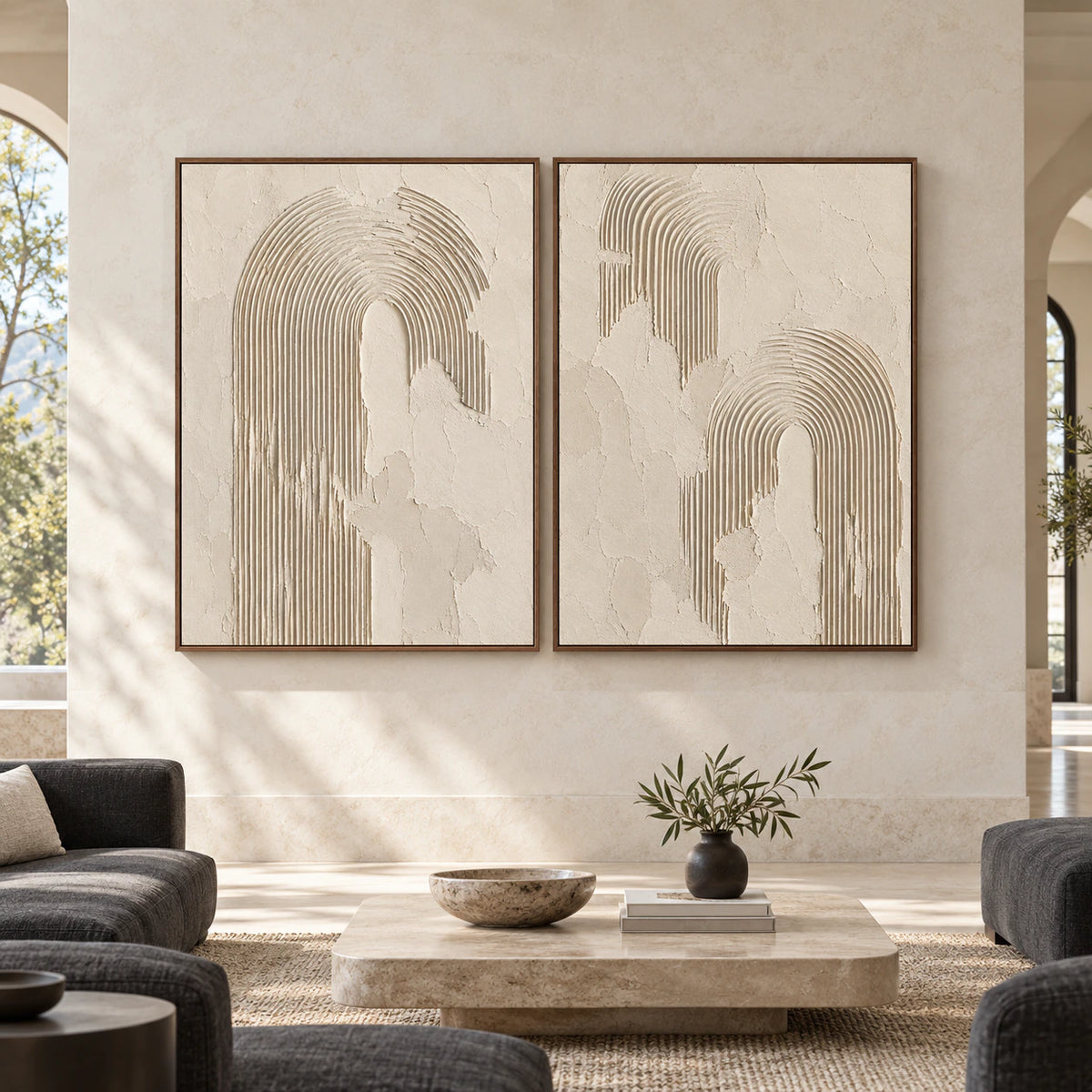 Large straight-on gallery interior with the Quiet-Arc ivory textured diptych in matching walnut frames.