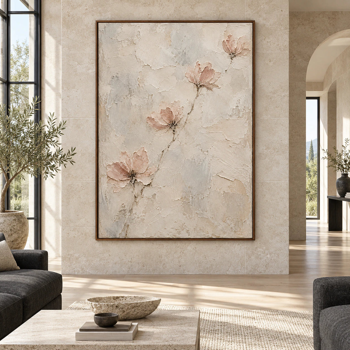Quiet-Bloom displayed at large scale, straight-on in an open architectural living space.