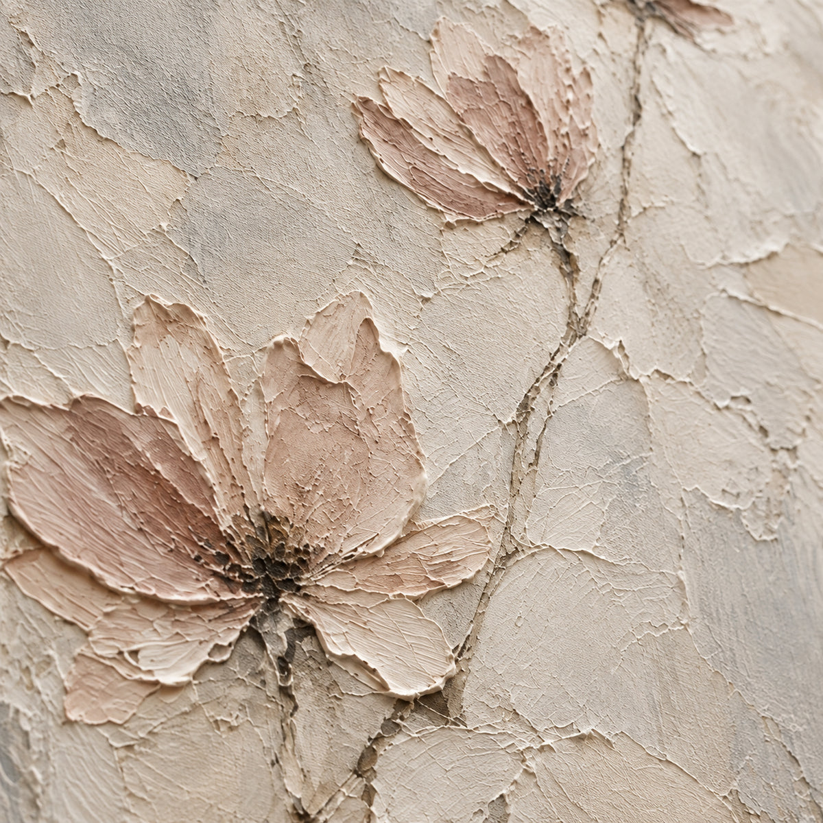 Quiet-Bloom oil painting brushwork and impasto detail photographed from an oblique side angle