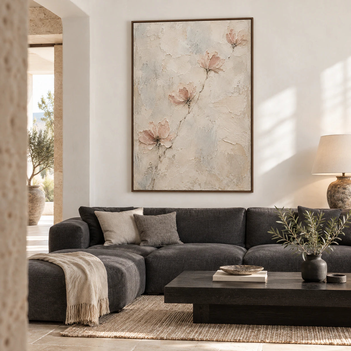 Quiet-Bloom as the focal artwork in a bright, contemporary living room.
