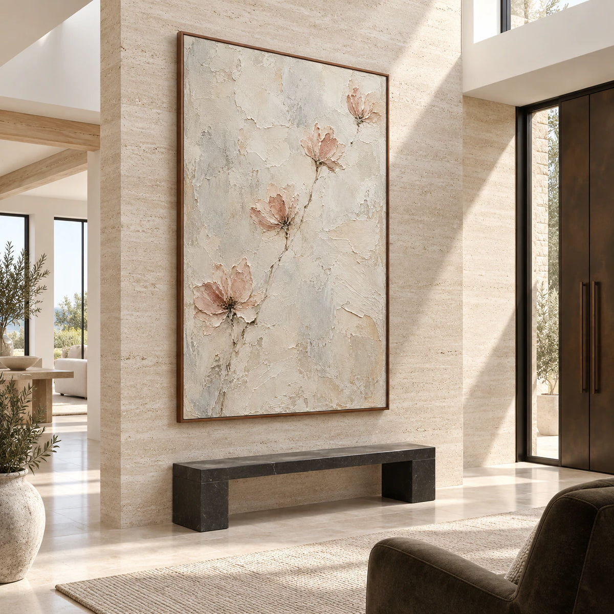 Quiet-Bloom installed at gallery scale in a bright sculptural foyer.
