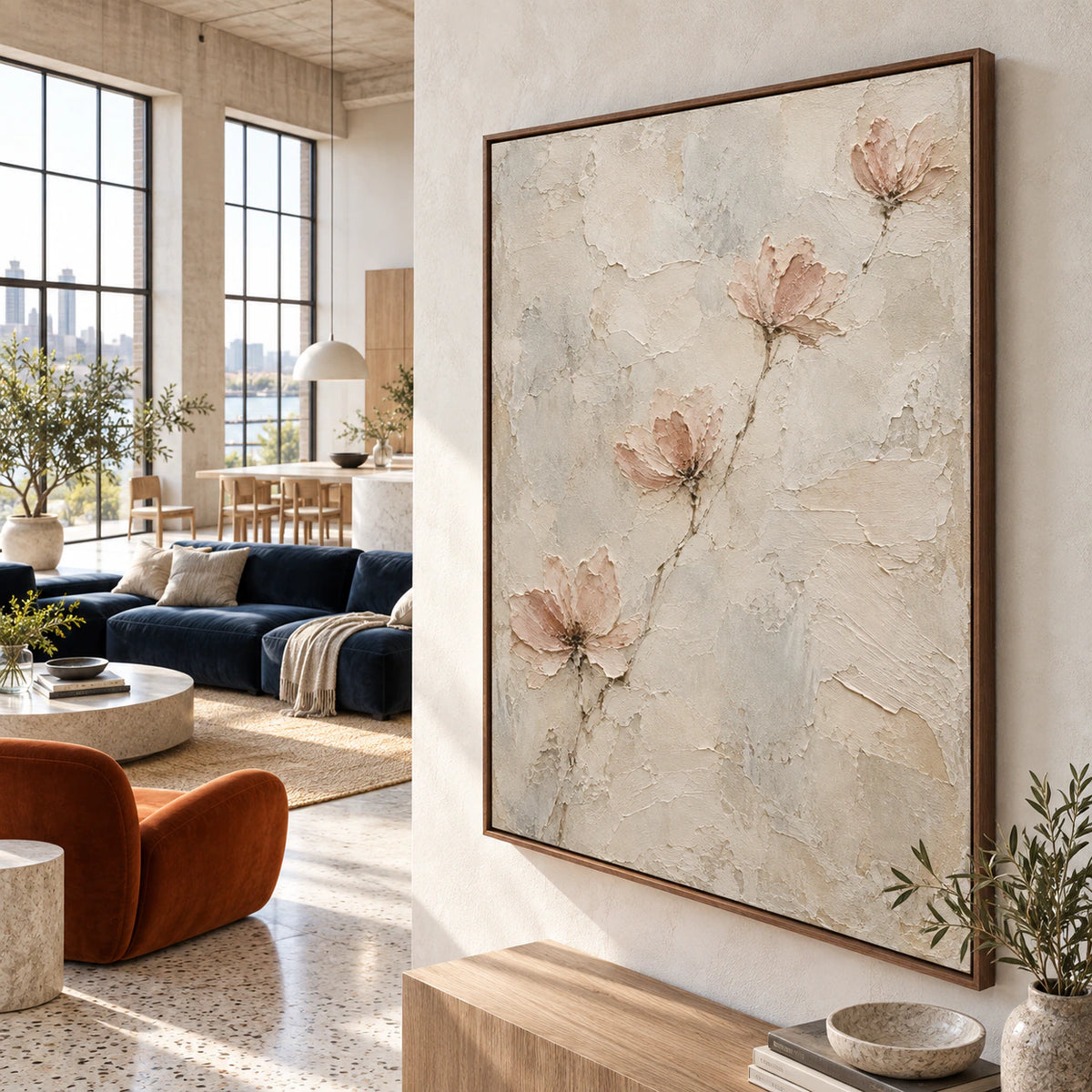 Quiet-Bloom as a large focal point in an expansive hospitality loft interior.