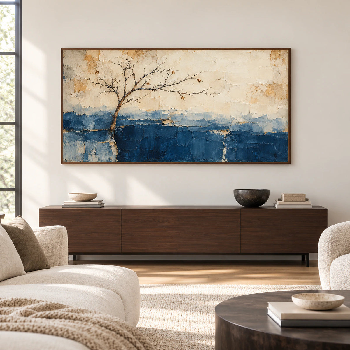 Large Quiet-Bough panoramic artwork hangs above a low console in a spacious, sunlit living room, viewed straight-on with the frame edges perfectly horizontal and vertical.