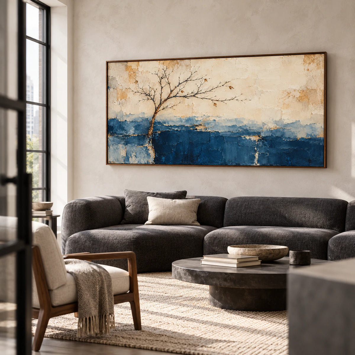 Quiet-Bough fills the wall above a restrained charcoal sofa in a bright living room with pale plaster walls, natural daylight and clear shadow detail.