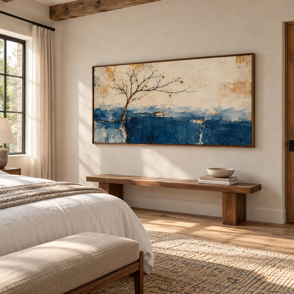 Quiet-Bough hangs over a low walnut bench in a quiet, airy bedroom with crisp white bedding and soft morning light.