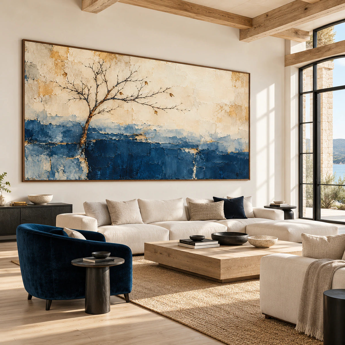 Quiet-Bough anchors an expansive loft interior with tall windows, warm timber beams, restrained black furniture and generous daylight.