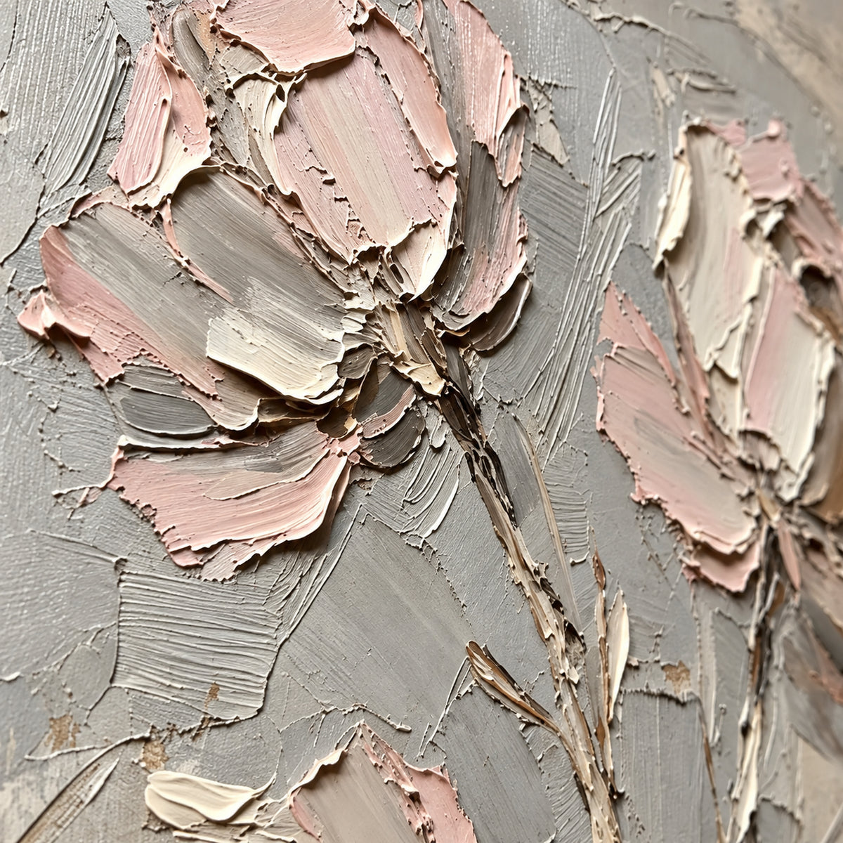 Quiet-Bouquet oil painting brushwork and impasto detail photographed from an oblique side angle