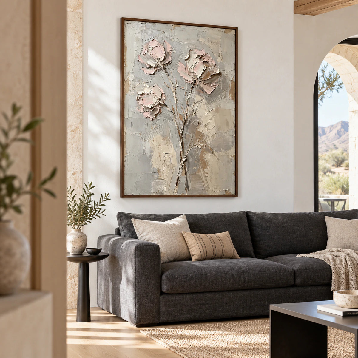 Quiet-Bouquet as the focal point above seating in a sunlit contemporary living room.