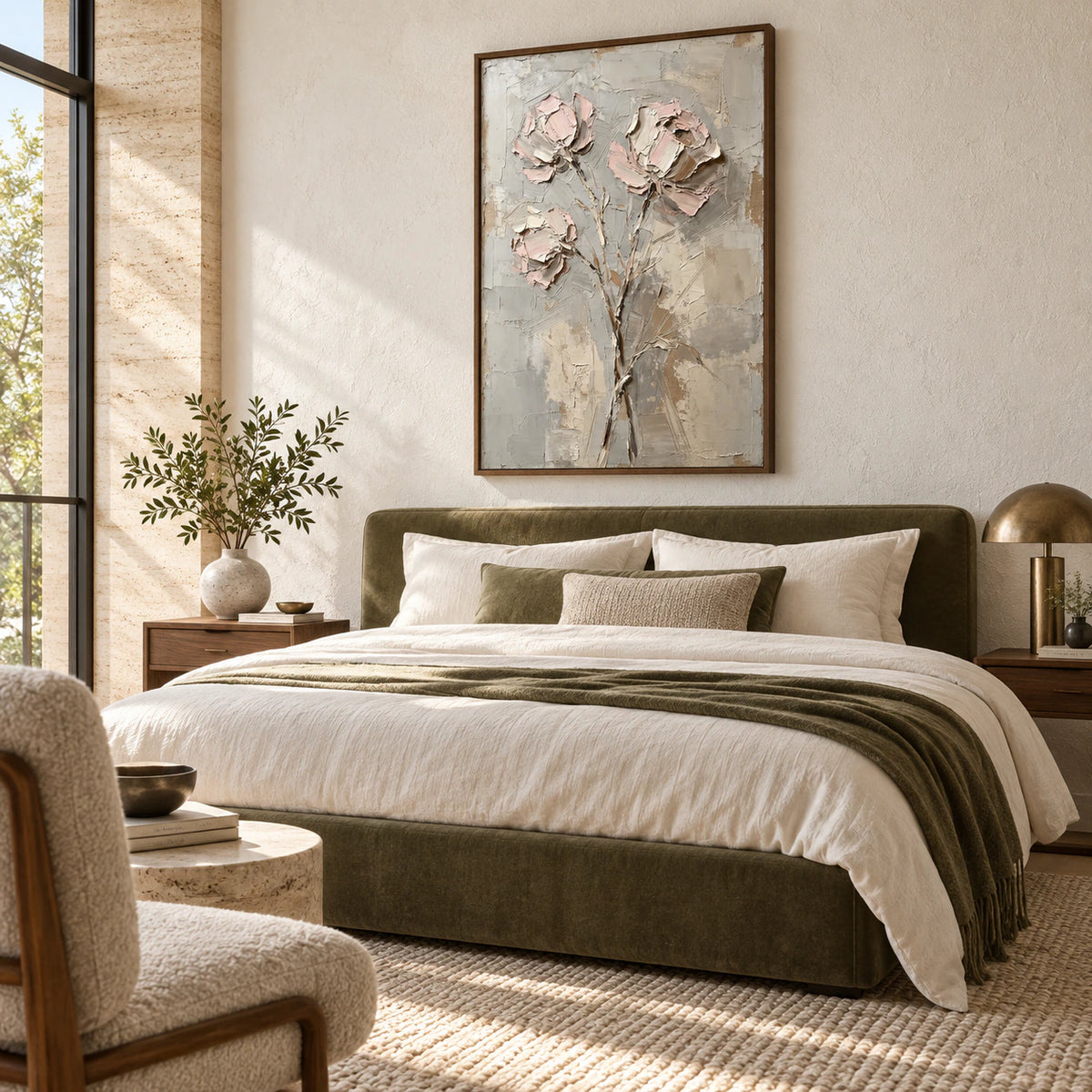 Quiet-Bouquet bringing soft texture to a quiet, light-filled bedroom.