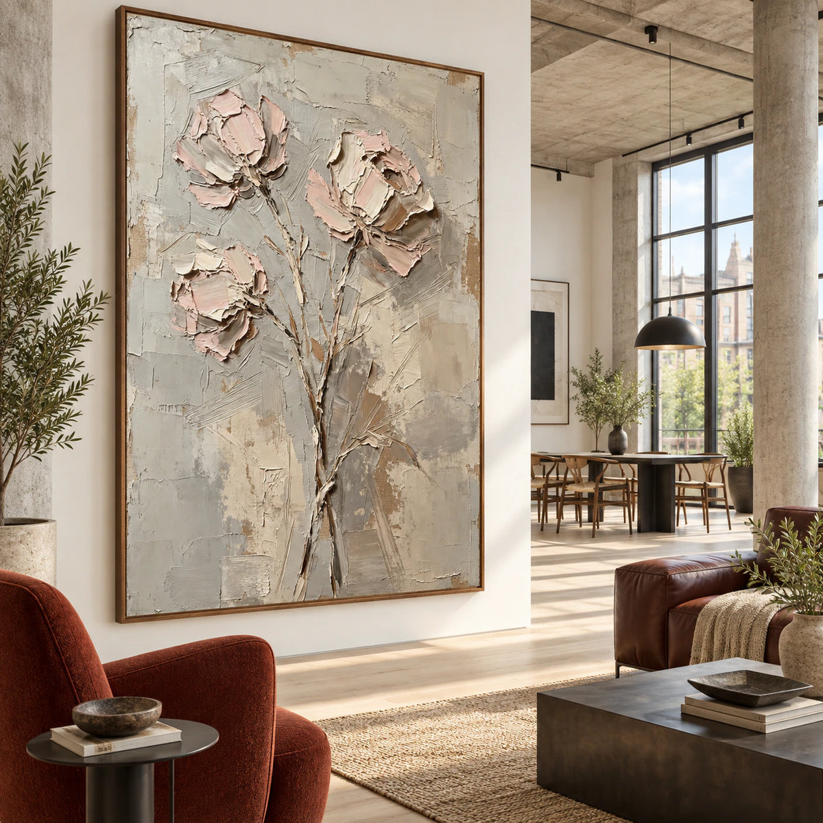 Quiet-Bouquet anchoring an expansive daylight hospitality loft interior.