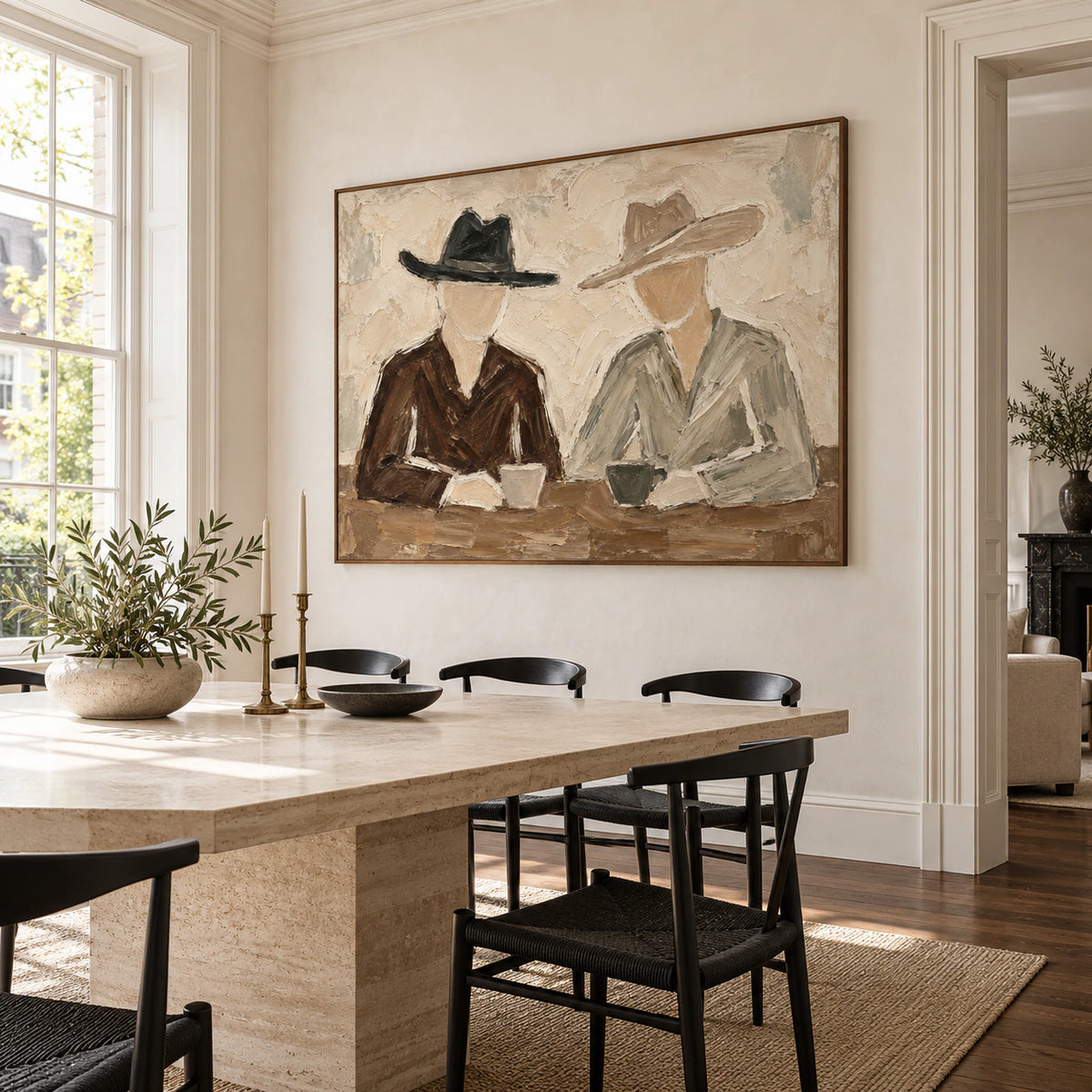Quiet-Brims as the focal artwork in a refined daylight dining room.