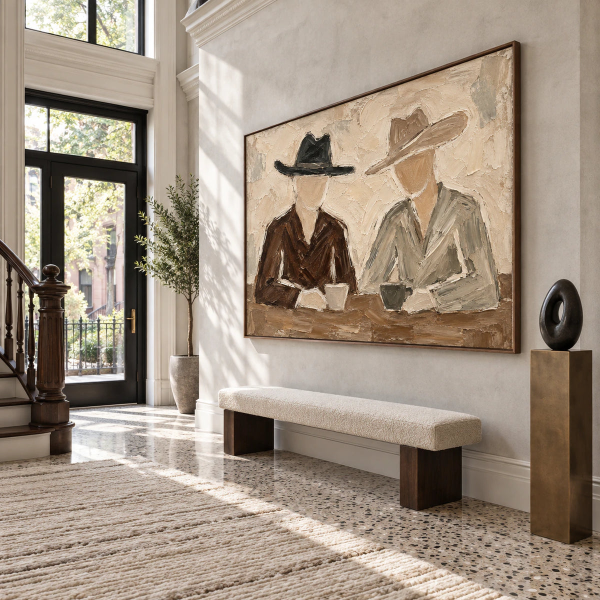 Quiet-Brims at gallery scale in a bright, stone-lined foyer.