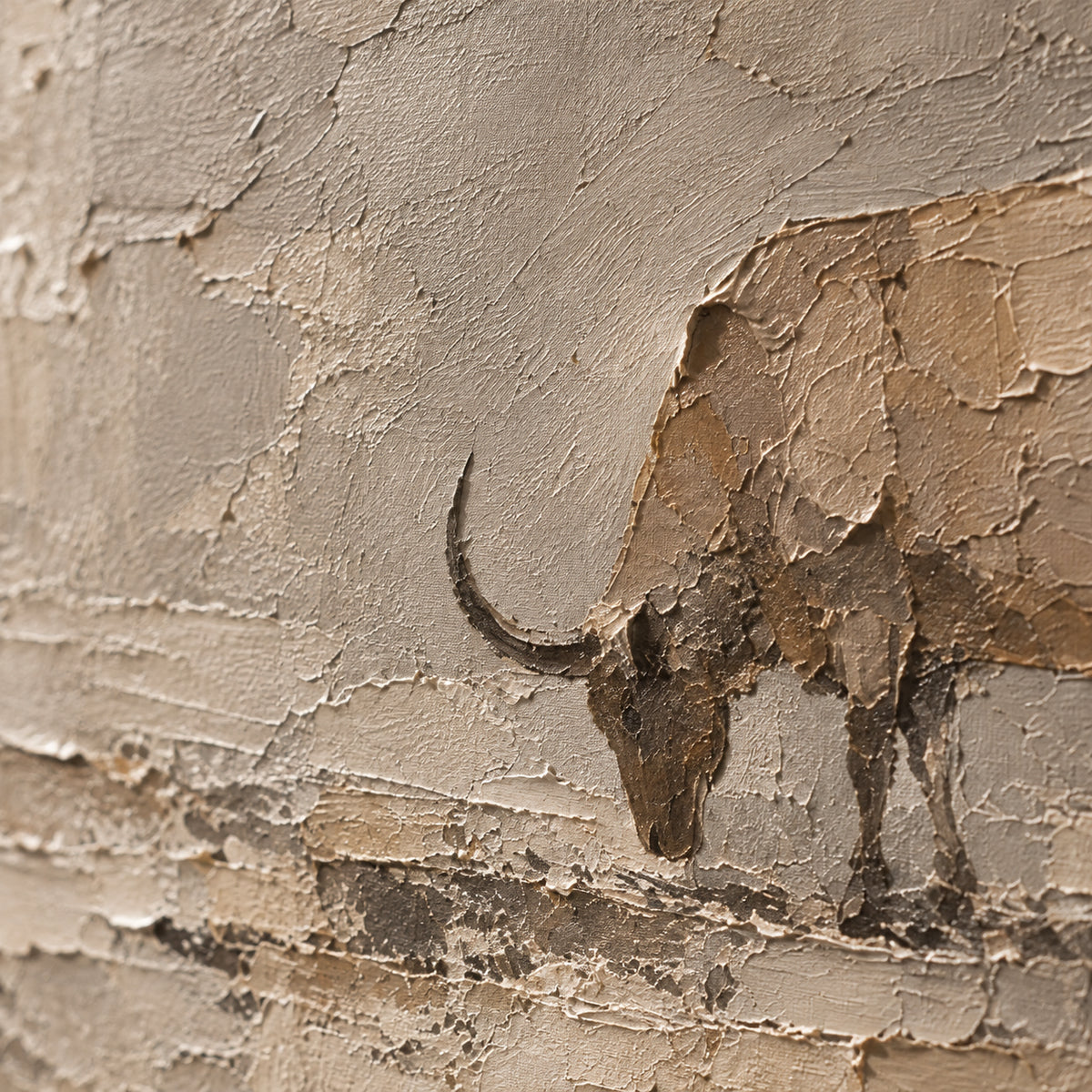 Quiet-Bull oil painting brushwork and impasto detail photographed from an oblique side angle