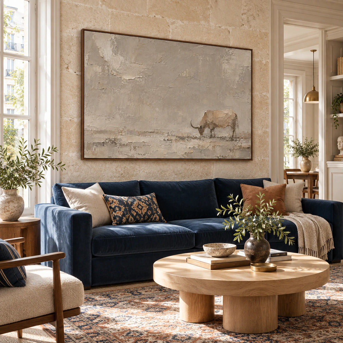 Quiet-Bull above a bright contemporary living room seating area.
