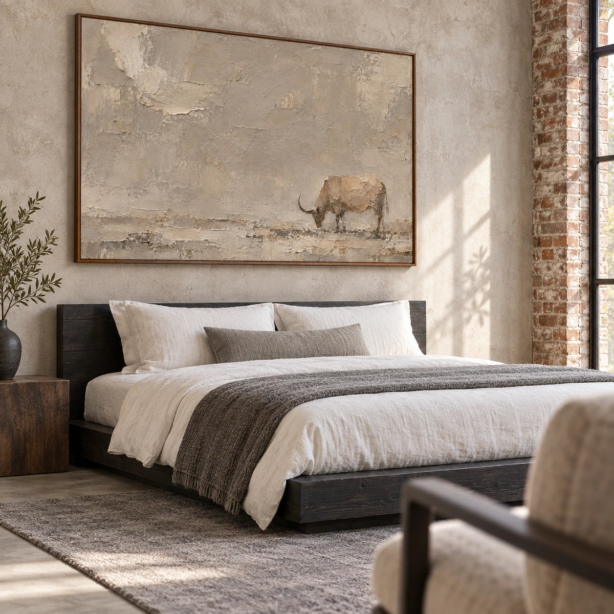 Quiet-Bull above a calm, softly lit bedroom setting.