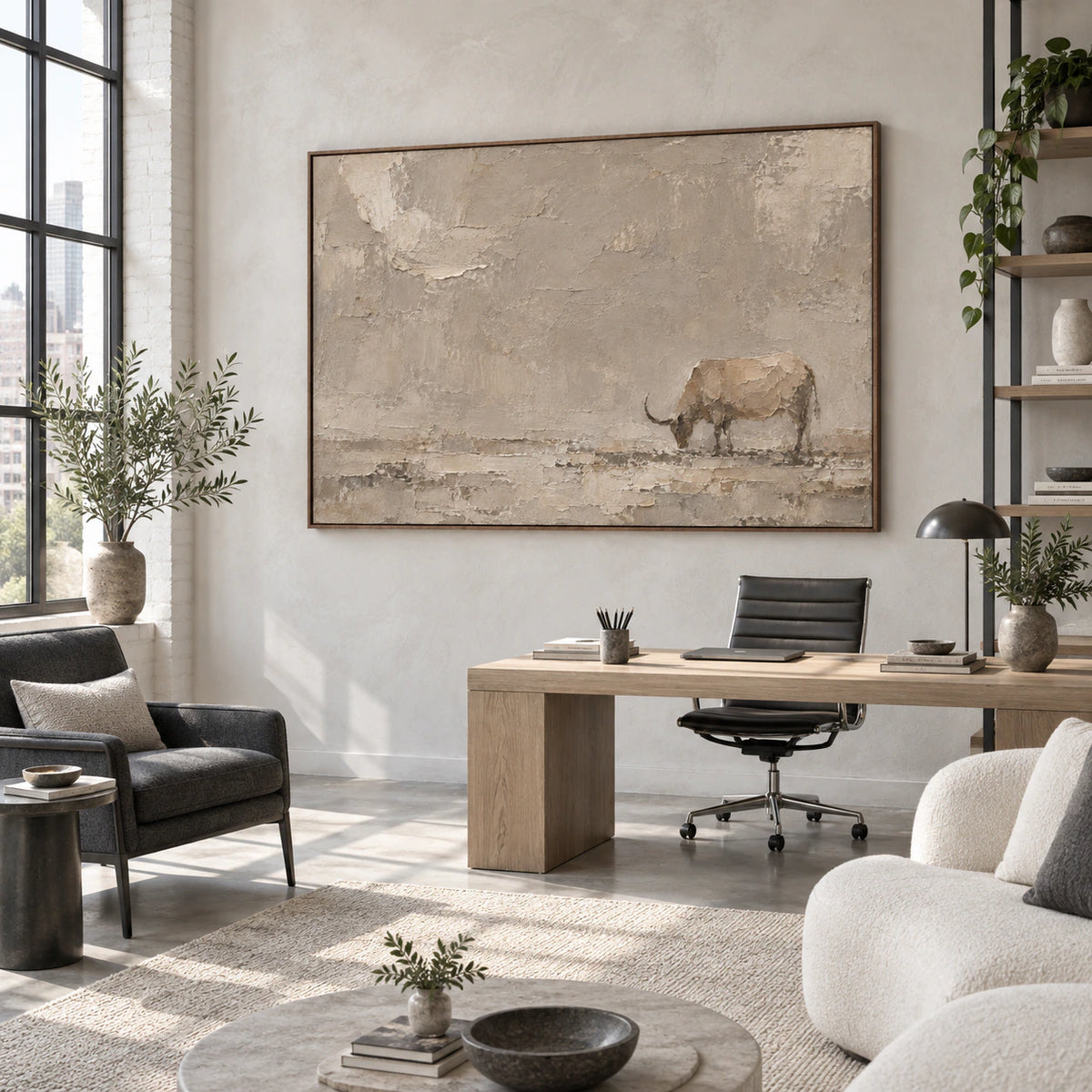Quiet-Bull in an airy home office reading space.